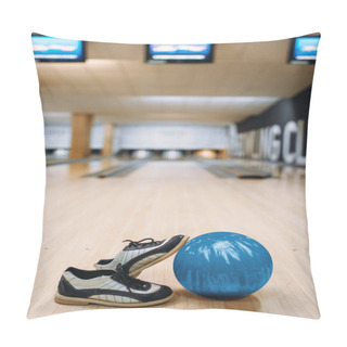 Personality  Bowling Ball And House Shoes On Wooden Floor In Club, Pins On Background, Nobody. Bowl Game Concept, Tenpin Pillow Covers