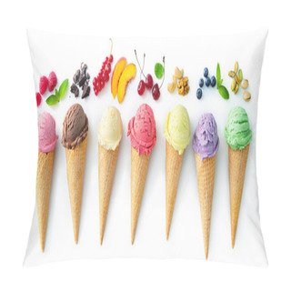 Personality  Various Varieties Of Ice Cream In Cones Isolated On White Background Pillow Covers