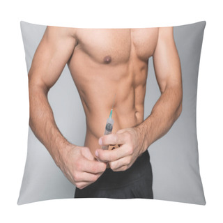 Personality  Cropped View Of Shirtless And Muscular Sportsman Holding Syringe With Steroids Isolated On Grey Pillow Covers