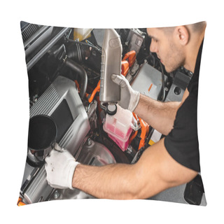 Personality  Young Mechanic Holding Funnel And Bottle With Engine Oil  Pillow Covers