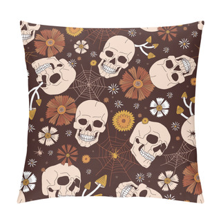 Personality  Boho Halloween Scull Mushroom Floral Cobweb Vector Seamless Pattern Pillow Covers