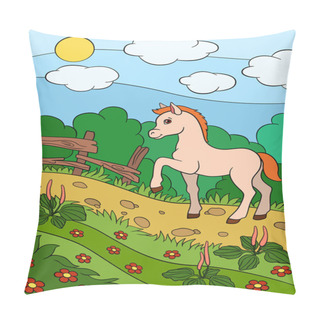 Personality  Cartoon Farm Animals. Little Cute Foal. Pillow Covers