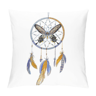 Personality  Dream Catcher With Feathers And Butterfly Isolated On White Background. Hand Drawn Illustration. Boho Style Pillow Covers