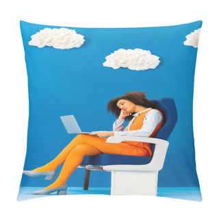 Personality  Bored African American In Retro Dress Sitting On Seat And Looking At Laptop On Blue Background With Clouds  Pillow Covers