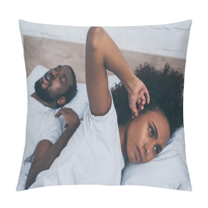 Personality  Selective Focus Of African American Woman Plugging Ear With Finger While Lying Near Snoring Husband Pillow Covers