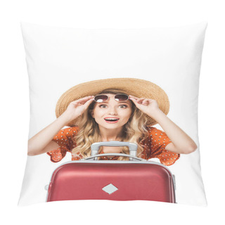 Personality  Excited Beautiful Girl Holding Sunglasses And Sitting Near Travel Bag Isolated On White  Pillow Covers
