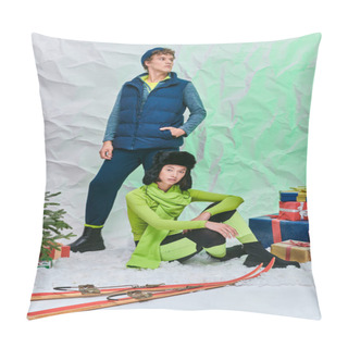 Personality  Asian Model Sitting On Snow In Studio Near Stylish Man, Skis And Gift Boxes With Christmas Tree Pillow Covers