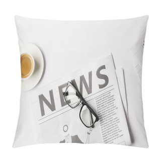 Personality  Flat Lay With Eyeglasses, Cup Of Coffee And Newspapers, On White Table Pillow Covers