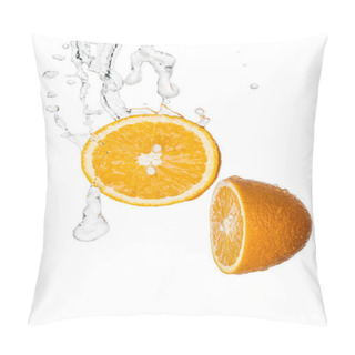 Personality  Fresh Orange Halves With Clear Water Splash Isolated On White Pillow Covers