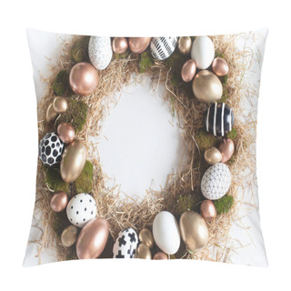 Personality  Top View Frame From A Yellow-straw Nest Lying On A White Isolated Background With Different Sized Eggs Painted In Gold And Geometric Black. Easter Greeting Theme Concept. Copyspace Pillow Covers