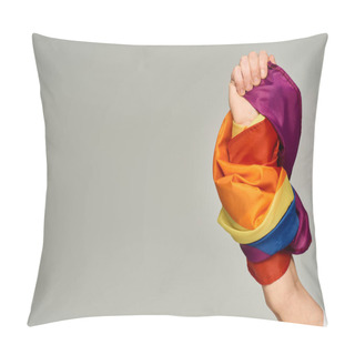 Personality  Cropped View Of Hand Of Non-binary Person Holding LGBT Flag On Grey Backdrop With Copy Space Pillow Covers