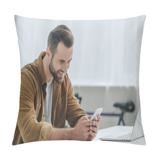 Personality  Handsome And Happy Man Smiling And Using Smartphone  Pillow Covers