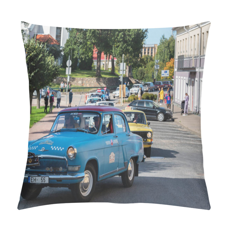 Personality  LATVIA, SALDUS - 19 SEPTEMBER: Saldus Is A Latvian Town. Along The City Runs The Riga - Liepja Highway. View To The Street With Old Fashioned Cars Parade On 19 September 2020, Saldus, Latvia. Pillow Covers