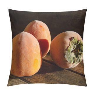 Personality  Frozen Persimmons On Old Wooden Boards Under The Morning Sun. Healthy Food, Cooking In The Kitchen. Pillow Covers