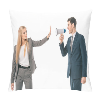 Personality  Businessman Screaming Into Megaphone At Businesswoman Who Showing Stop Gesture Isolated On White, Gender Equality Concept Pillow Covers