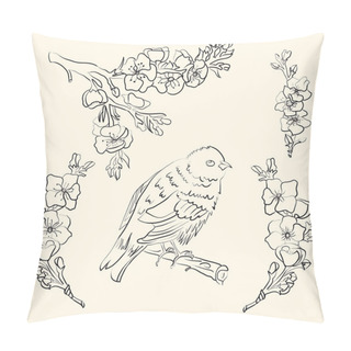 Personality  Line Art Sakura With A Blue Bird For A Wedding Decoration. Flower Decor For A Wedding Or Save The Date Cards Pillow Covers