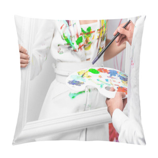 Personality  Close Up Of Adult Man Drawing On White Clothes With Paintbrush While Woman Holding Frame Pillow Covers