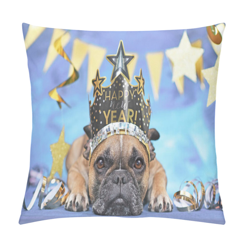 Personality  New Year Party French Bulldog Dog Wearing Crown With Text 'Happy New Year' Between Golden Streamers On Blue Background Pillow Covers