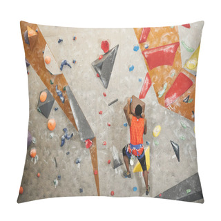 Personality  Back View Of Muscular African American Man With Alpine Harness In Orange Shirt Climbing Up Wall Pillow Covers