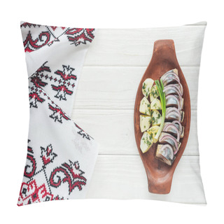 Personality  Top View Of Marinated Herring With Potatoes And Onions In Earthenware Plate With Embroidered Towel On White Wooden Background Pillow Covers