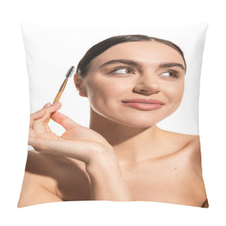 Personality  Happy Young Woman Holding Eyebrow Brush And Looking Away Isolated On White  Pillow Covers