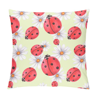 Personality  Watercolor Seamless Pattern With Ladybugs. Against The Background Of Daisies, Leaves And Dew. Pillow Covers