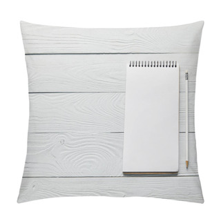 Personality  Flat Lay With Blank Notebook With Copy Space And Pencil On Wooden White Background  Pillow Covers