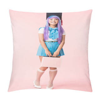 Personality Full Length View Of Smiling Anime Girl In Academic Cap Holding Briefcase On Pink Pillow Covers