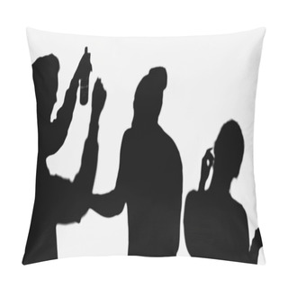 Personality  Shadow Of Man With Bottle Of Beer Near Silhouettes Of Dancing Friends Isolated On White Pillow Covers