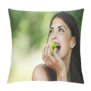 Personality  Portrait Young Charming Woman Biting Apple Pillow Covers