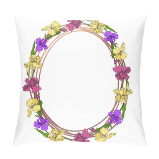 Personality  Vector Purple, Yellow And Maroon Iris Floral Botanical Flower. Wild Spring Leaf Wildflower Isolated. Engraved Ink Art. Frame Border Ornament Square. Pillow Covers