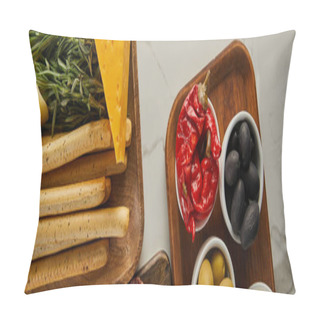 Personality  Top View Of Breadsticks, Cheese, Greenery And Bowls With Antipasto Ingredients On Boards On White, Panoramic Shot Pillow Covers