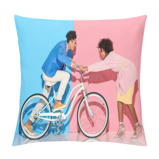 Personality  Happy Couple Having Fun With Bicycle On Pink And Blue Background Pillow Covers