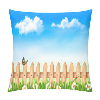 Personality  Wooden Fence In Grass With Flowers And A Butterfly. Vector.  Pillow Covers
