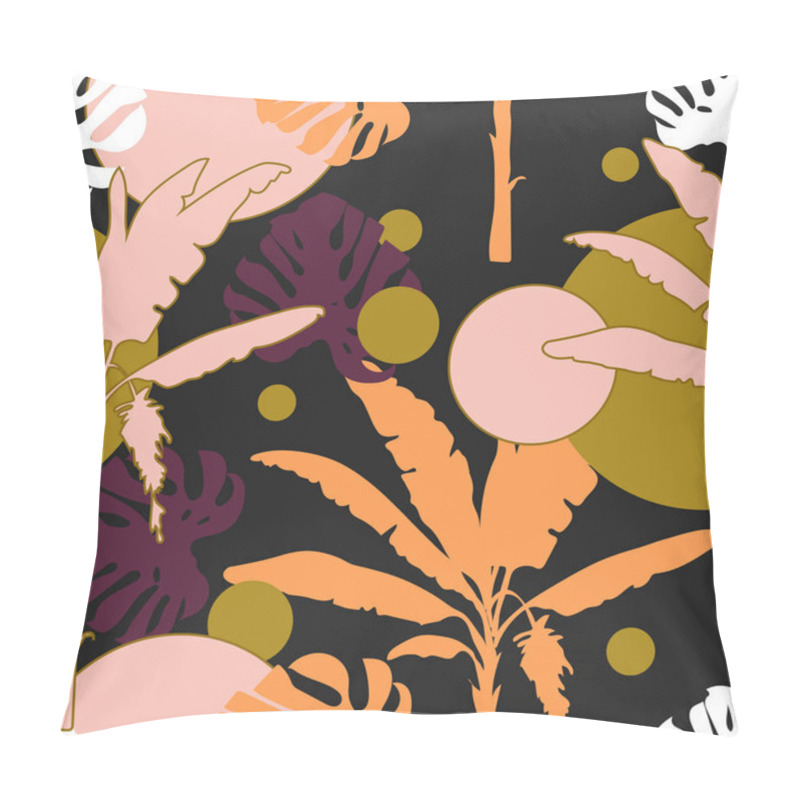 Personality  Seamless hand drawn botanical exotic vector pattern with silhouette palm trees and leaves on dark background. pillow covers