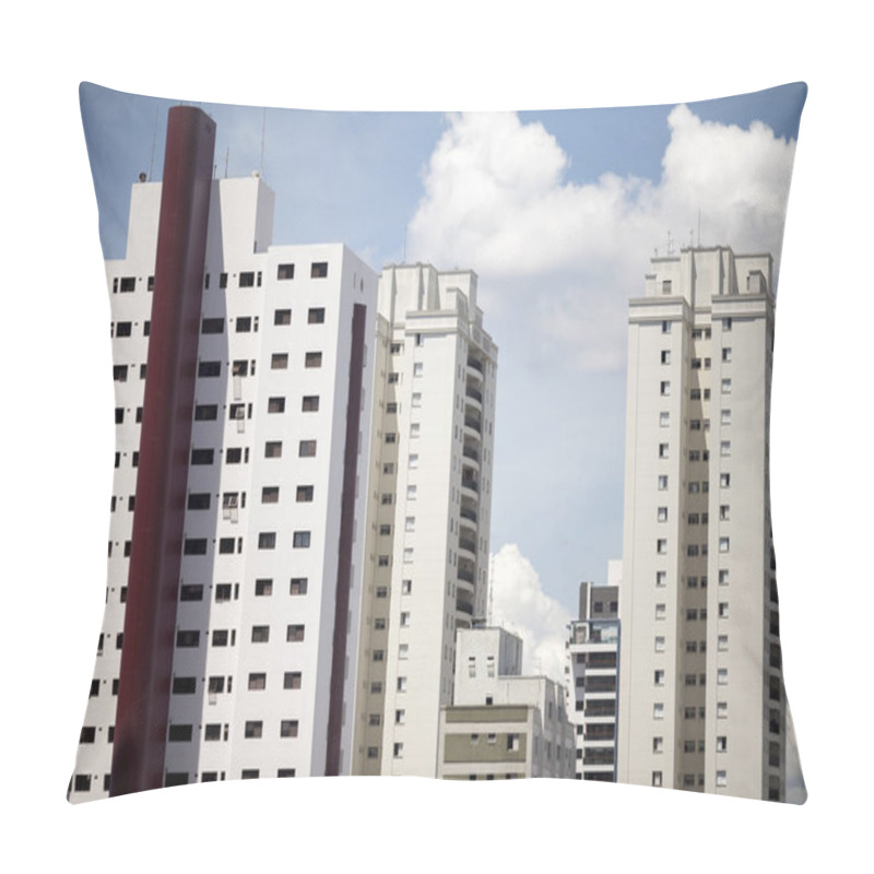 Personality  Graphic visual of high rise residential skyscrapers against a blue sky and fluffy clouds in Sao Paulo, Brazil pillow covers