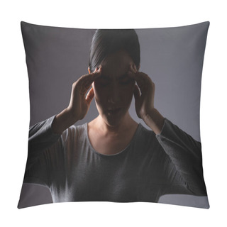Personality  Asian Woman Was Sick With Headache Touching Her Head And Standing Isolated On Background. Low Key. Pillow Covers