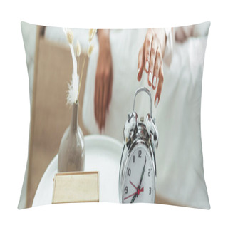 Personality  Panoramic Shot Of Woman Taking Alarm Clock At Morning  Pillow Covers