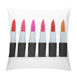 Personality  Set Of Lipsticks Red Colors. Bright Lipstick In A Row Isolated On White. 3d Illustration Of Lipstick Red Color. Pillow Covers