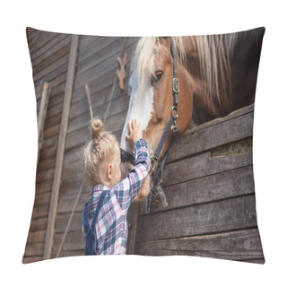 Personality  Preteen Kid Palming Big Horse At Farm Pillow Covers