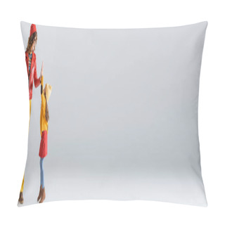 Personality  Mother And Daughter In Colorful Red And Yellow Outfits Giving High Five On Grey Background, Panoramic Shot  Pillow Covers