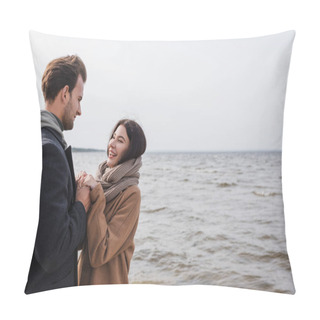 Personality  Cheerful Couple Holding Hands And Looking At Each Other While Walking Near Sea Pillow Covers