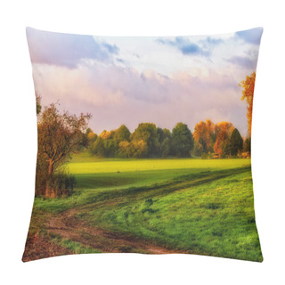 Personality  Vintage Style Warm Tones Water-colored Idyllic Autumn Sunrise Over A Rural Landscape Field With Trees,impression,painting Style,green,golden,brown,peaceful,quiet,harmony,countryside Pillow Covers