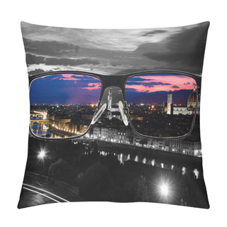 Personality  Through Glasses Frame. Colorful View Of Florence Night Landscape In Glasses And Monochrome Background. Different World Perception. Optimism, Hopefulness, Mental Health Concept. Pillow Covers