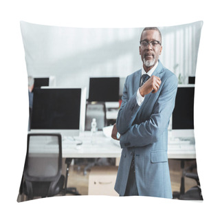 Personality  Selective Focus Of African American Businessman In Glasses And Formal Wear Standing In Office  Pillow Covers
