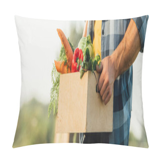 Personality  Cropped View Of Rancher In Plaid Shirt Holding Box Full Of Fresh Vegetables, Website Header Pillow Covers