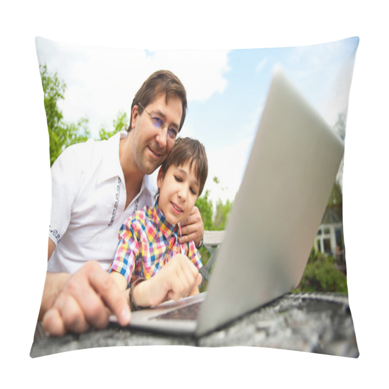 Personality  Closeup Portrait Of Happy Family: Father And His Son Using Laptop Outdoor At Their Backyard Sitting On The Bench Pillow Covers