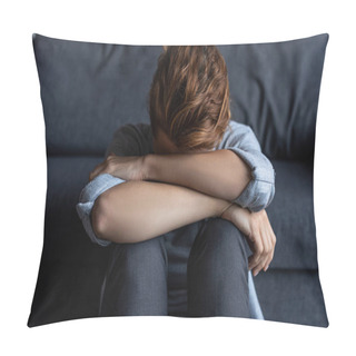 Personality  Upset Woman Covering Face While Sitting At Home Pillow Covers