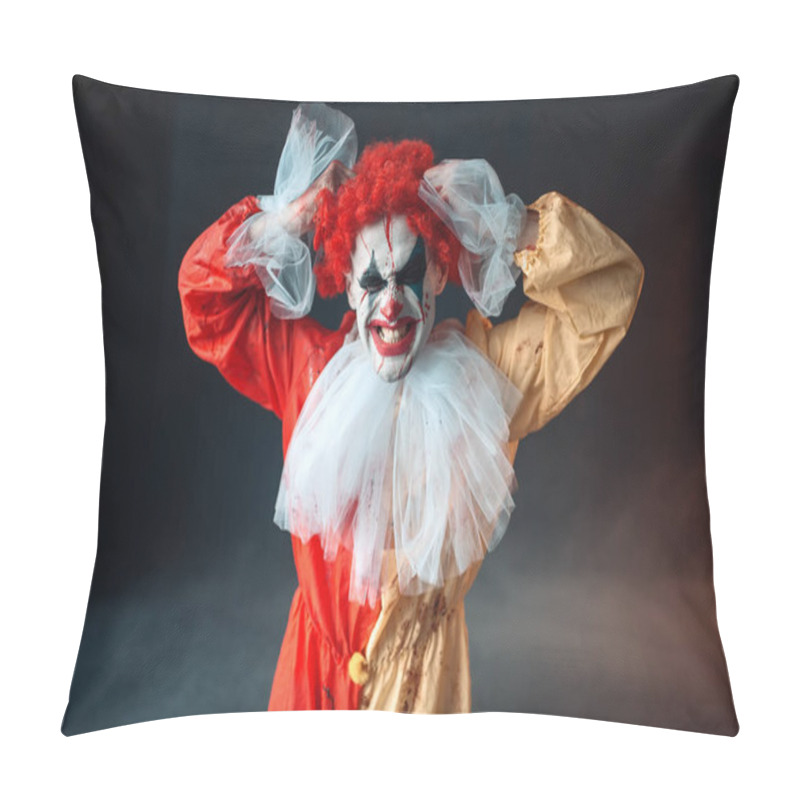 Personality  Scary bloody clown tears his hair, jerk in anger. Man with makeup in carnival costume, crazy maniac pillow covers