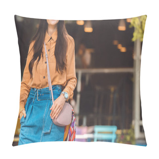 Personality  Partial View Of Fashionable Young Woman With Stylish Handbag At Urban Street Pillow Covers